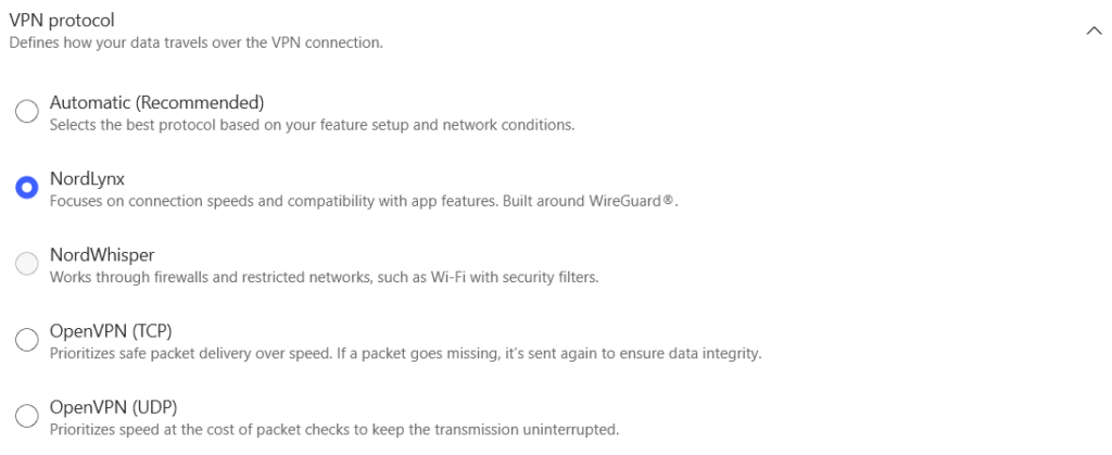 nordvpn connection vpnprotocol