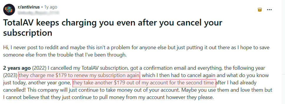 Reddit cancellation complaint screenshot
