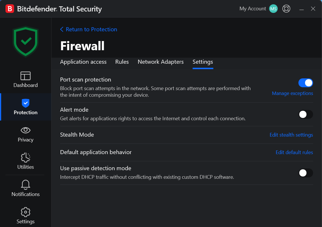 Firewall settings bitdefender