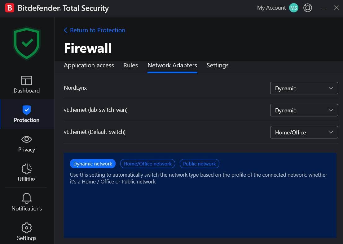 Firewsall bitdefender network adapters