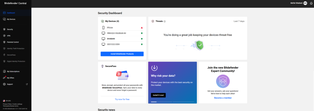dashboard bitdefender